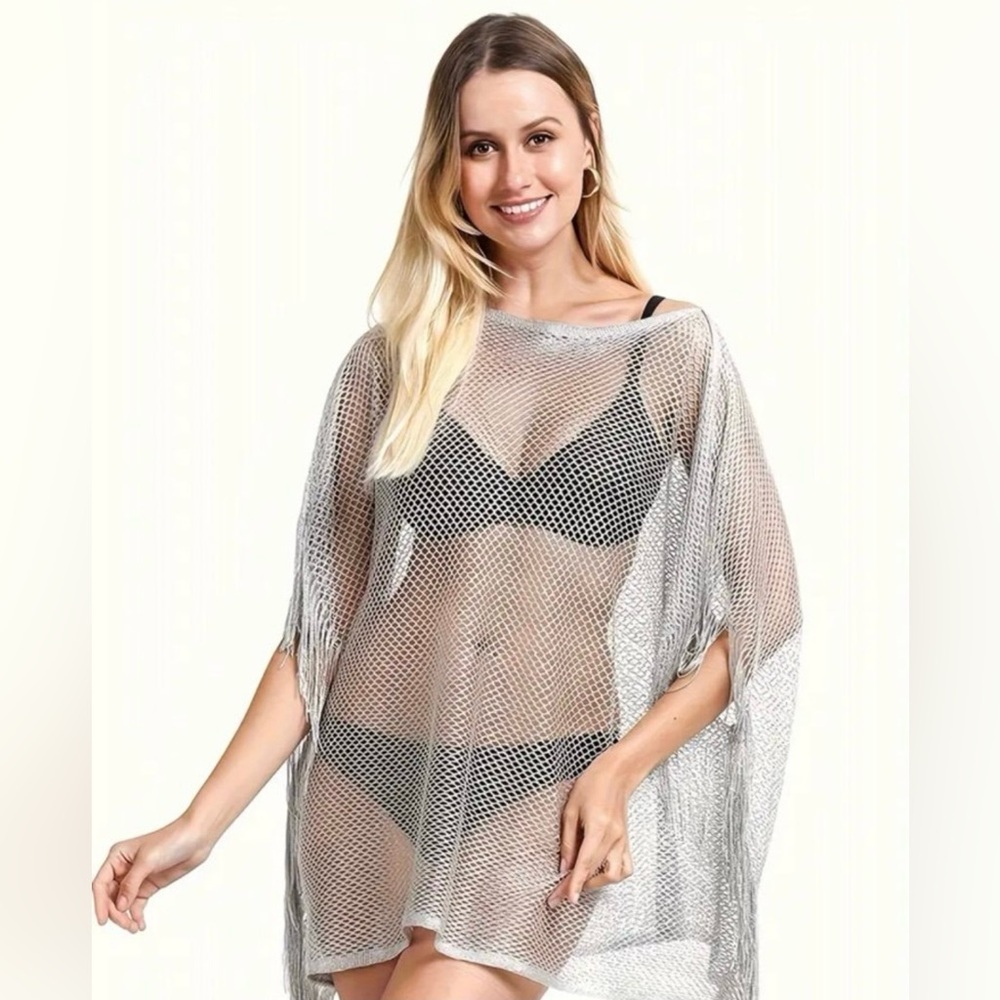 Women’s Beach Cover Up Sheer Fringe Trim Mesh Fabric Swimwear Cover Up Dress